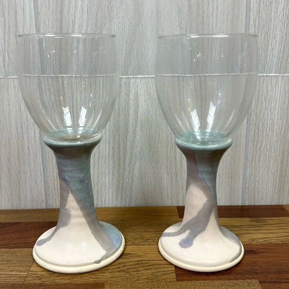 Pottery Stem Wine Glasses Set Ceramic Unique Artsy Goblet MCM Blue‎ Purple - Picture 1 of 5